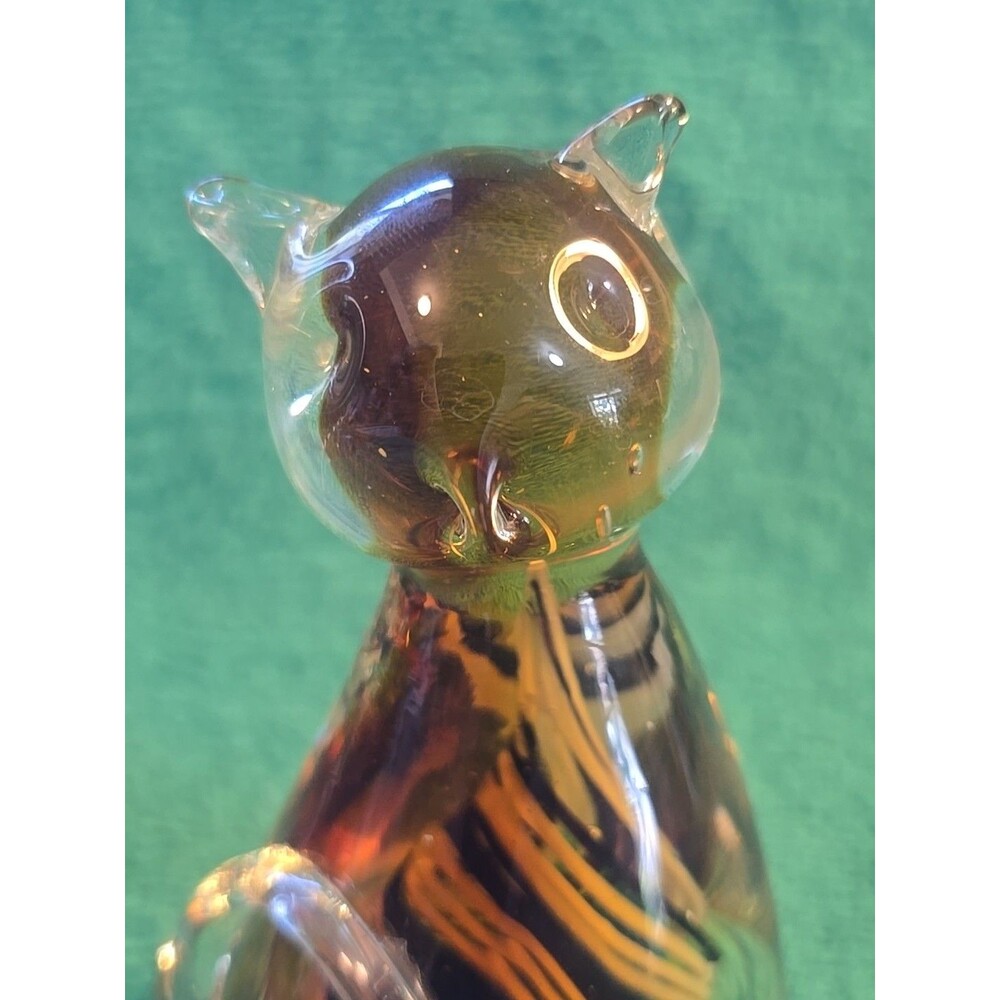 Murano Style Glass Cat Paperweight Amber w/ Blue White Swirl - Picture 6 of 7